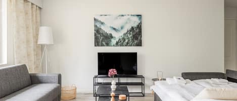 Living room can be used as sleeping space if needed and can fit 2 people