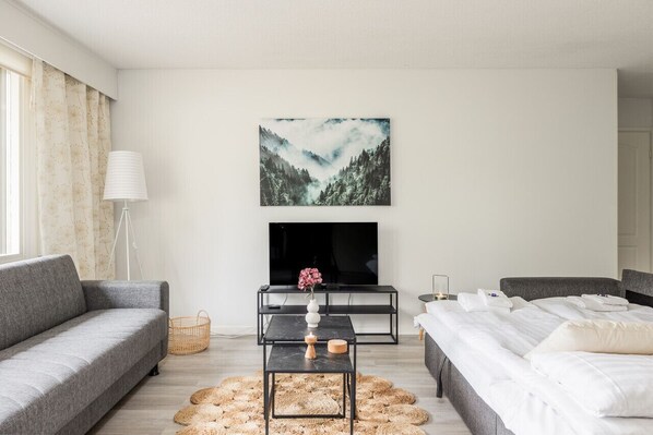 Living room can be used as sleeping space if needed and can fit 2 people