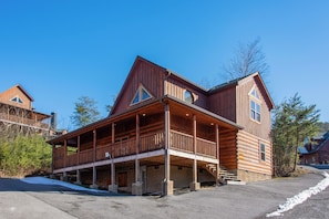 Exterior of cabin, large deck.