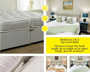 Bedroom 1 & 2 have super king beds which can be split into two twin beds.