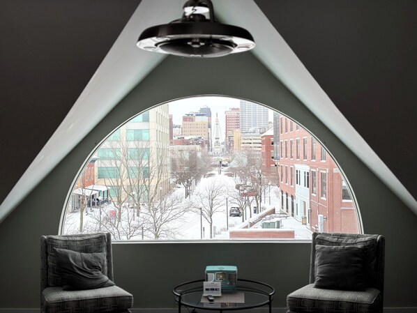 The view of Monument Circle from the penthouse living room.