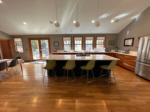 From the living room, the kitchen is in full view.