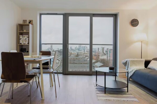 Bright open living and dining room