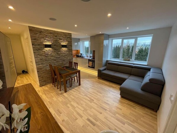 Open plan living room with corner sofa bed