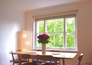 Spring, summer view of the communal garden from the living room.