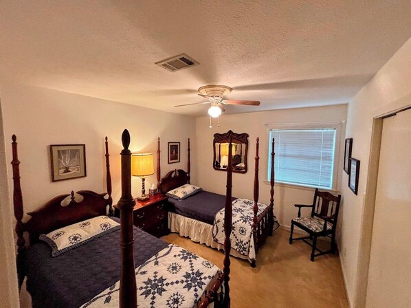 2 Twin Beds. Power strips for easy access charging.