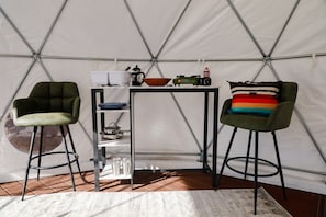 Kitchenette with portable grill, dishes, french press, etc.
