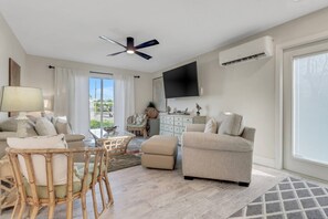 The apartment is freshly decorated in a soothing, neutral palette and outfitted in comfortable family friendly furnishings.