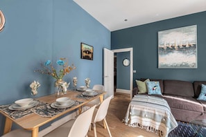 Cozy lounge and dining area with stylish decor