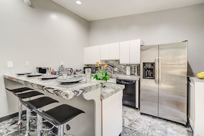 Indoors, Kitchen, Refrigerator, Plate, Kitchen Island