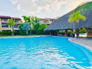 The pool offers a refreshing oasis