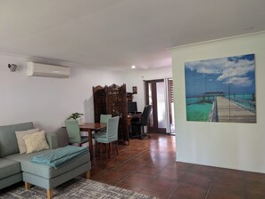 Dining area, and work station behind screen
