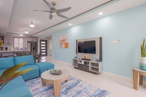 Living room and entertainment center with soundbar