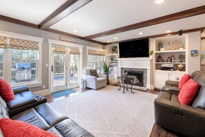Great Room Samsung TV with ROKU & surround sound system, 5 recliners and deck
