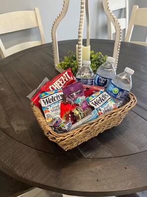 A basket of snacks and water will waiting upon your arrival.