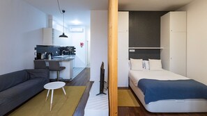Overview of the apartment's layout, divided by a wooden wall partition #modern #simple