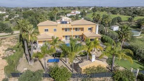 Aerial view of the villa and pool