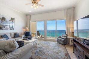Expansive open concept living area with breathtaking beach views