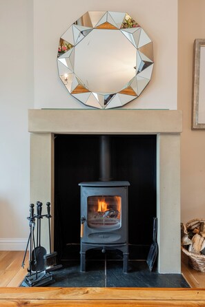 Wood burning fire. 