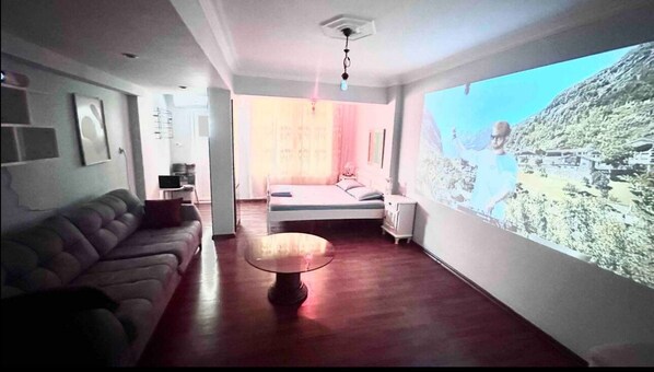 Living area with a projector, comfy sofa, air conditioning and a bed