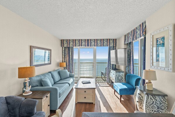 The ocean front living room is fabulous for movie night with the family.