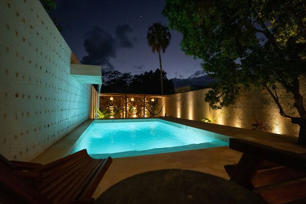 Luxurious pool and waterfall in private backyard