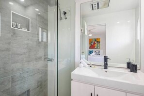 A modern, clean bathroom designed for relaxation