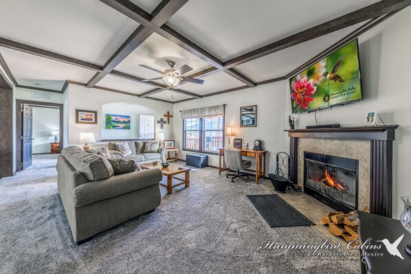 Living room with wood burning fireplace