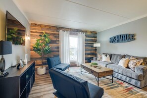 The sofa pulls out into a full-size bed with a foam mattress topper.