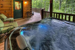 This large private hot tub is steps away from the master suite and also the living room but tucked away for privacy