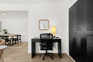 A quiet and functional work desk area, perfect for remote work, studying, or planning your next adventure