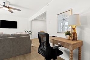Enjoy a stylish and functional desk setup perfect for getting things done during your stay.