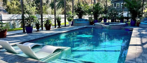 Fully screened area with pool and hot tub