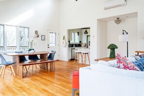 The main level is an open floor plan with access to dining room, living room and kitchen