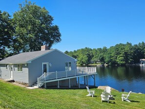 Full lake views,generous grounds w/ personal dock, shaded patio, grill, fire pit