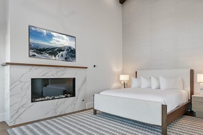 Indoors, Home Decor, Fireplace, Lamp, Bed