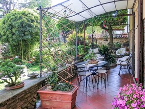 Flowerpot, Garden, Houseplant, Backyard, Shade, Outdoor Structure, Yard, Courtyard, Patio, Chair