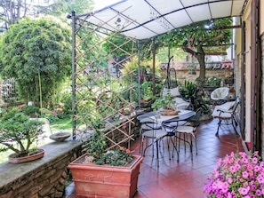 Flowerpot, Garden, Houseplant, Backyard, Shade, Outdoor Structure, Yard, Courtyard, Patio, Chair