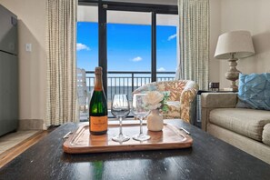 This magnificent oceanfront Livingroom gives you a spectacular view of the North Myrtle Beach Coast.  Enjoy a fresh start each day to a majestic ocean sunrise from the balcony.  It low floor gives you a gorgeous view of the beach and resort pools.