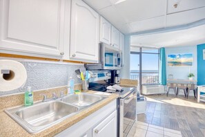 Fully stocked kitchen in this gorgeous condo with floor to ceiling windows providing natural light and spectacular views.