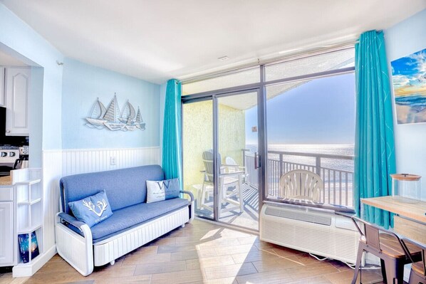 This condo offers plenty of seating for the entire family to enjoy this majestic panoramic view of Myrtle Beach.  This floorplan opens up to the kitchen and bedroom area as well.  Sip you coffee each morning on this amazing balcony.