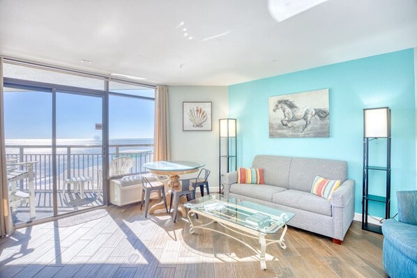 This beach condo is the perfect spot for rest and relaxation. Enjoy catching the afternoon's natural light from the Livingroom and balcony. Step outside and see an entire panoramic vista of the Myrtle Beach coastline, beach, and Myrtle Beach skyline.