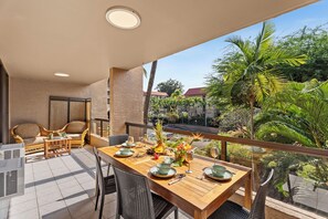 Balcony seating good for four for enjoying morning coffee or an evening breeze.