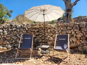 Patio in the lower gardens, overlooking orange, grapefruit and olive tree grove.