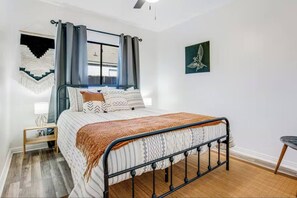 Queen Boho bedroom with blackout shades