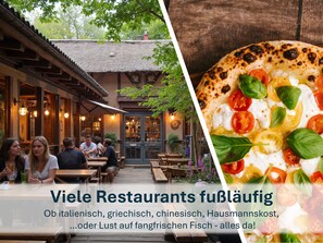Viele Restaurants fußläufig: Ob italienisch, griechisch, chinesisch, Hausmannskost, oder Lust auf fangfrischen Fisch - alles da!
