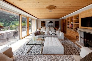 the cozy living room near the fire place 