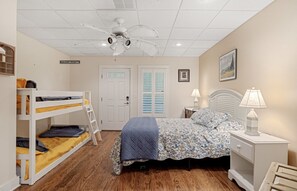 Bedroom 1- Queen bed with twin bunk beds