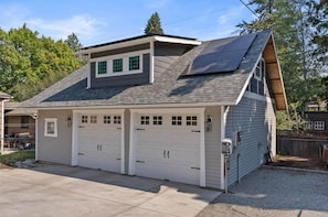 Two car garage with loft on top.