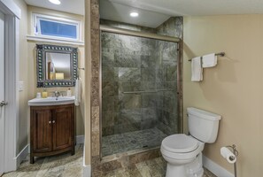 Updated walk in shower stocked with shampoo and conditioner. 
